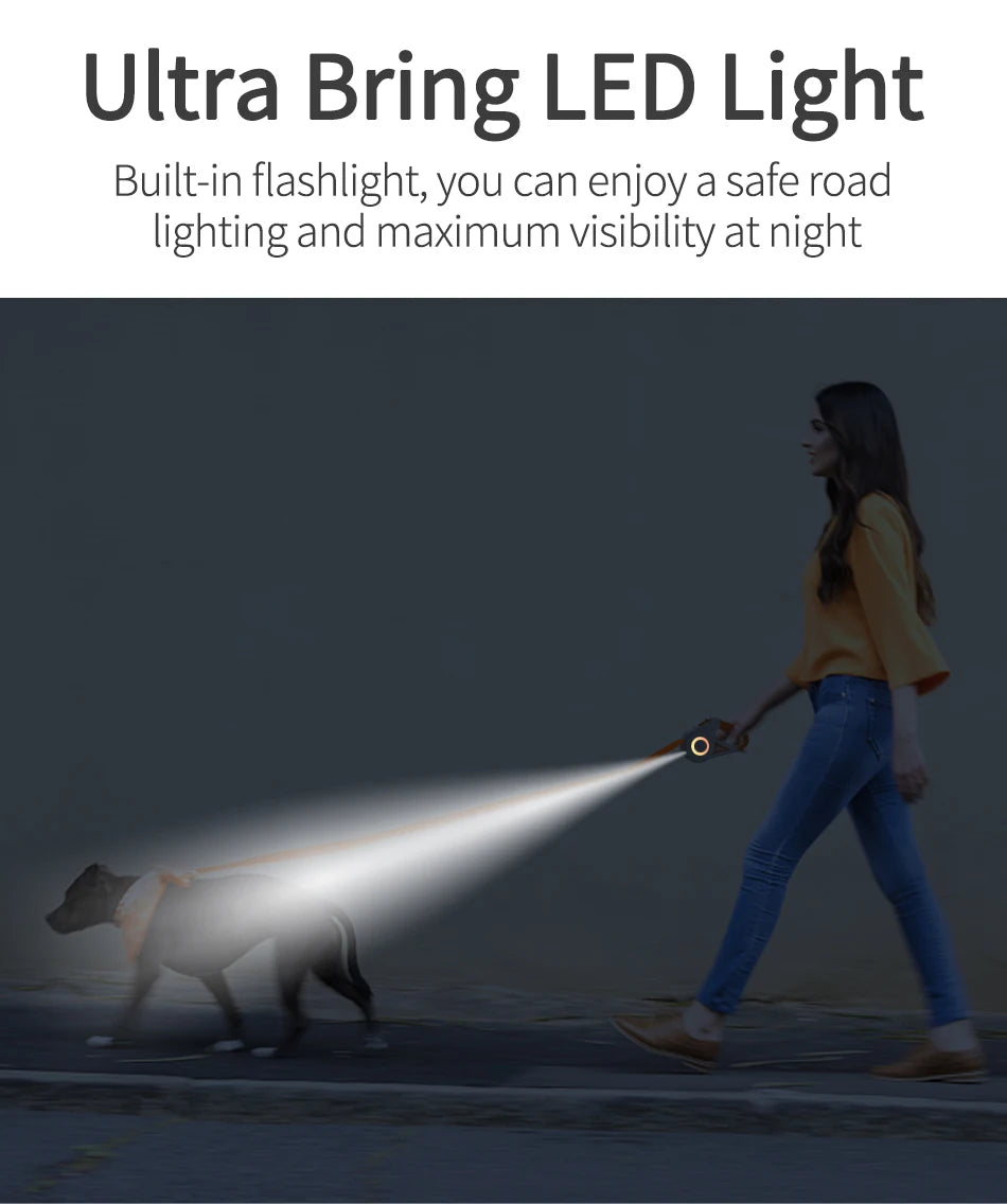 ROJECO 3M Retractable Dog Leash Roulette with LED Light Luminous Pets Leash for Puppy Dogs Outdoor Walking Running Traction Rope