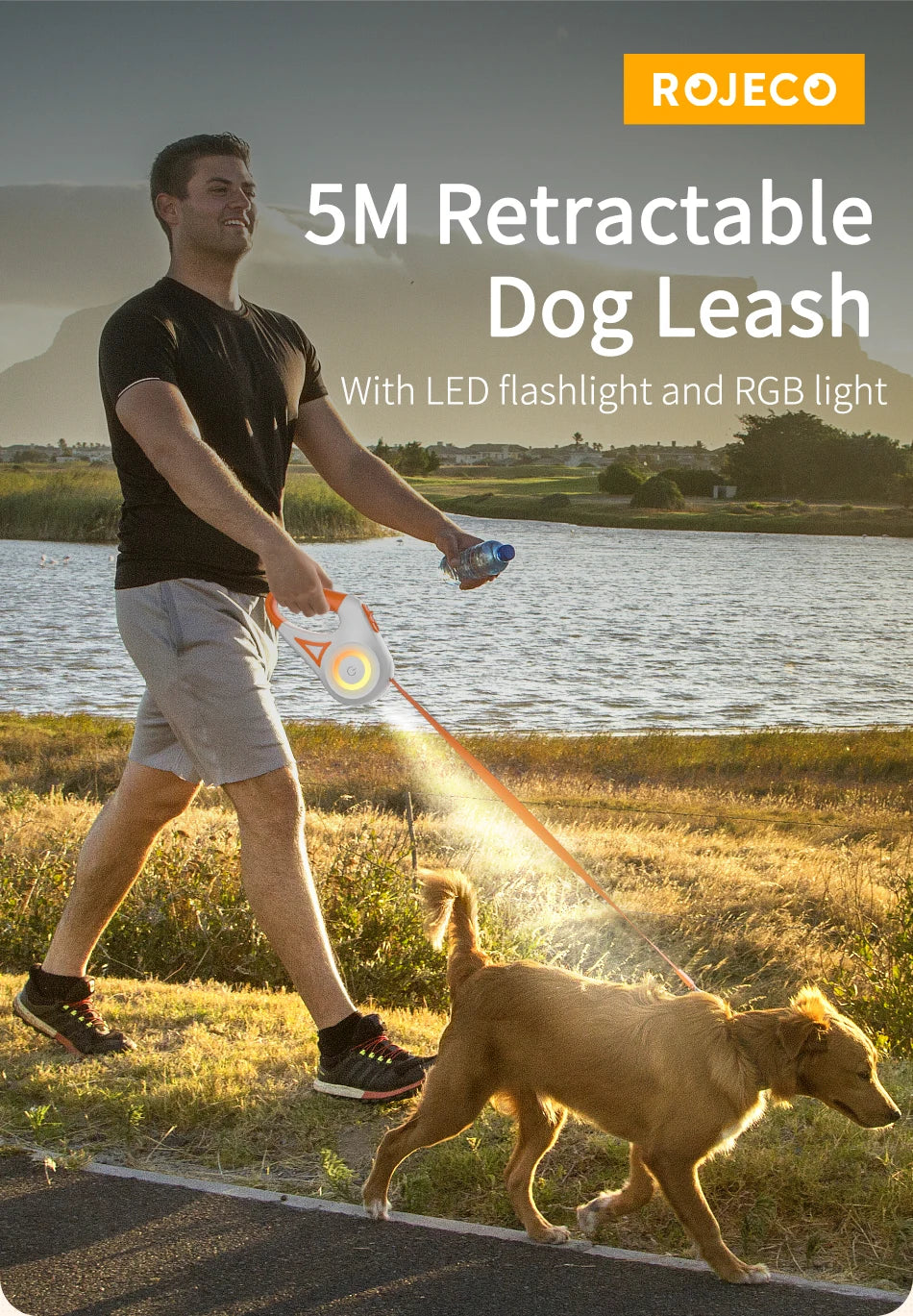 ROJECO 3M Retractable Dog Leash Roulette with LED Light Luminous Pets Leash for Puppy Dogs Outdoor Walking Running Traction Rope