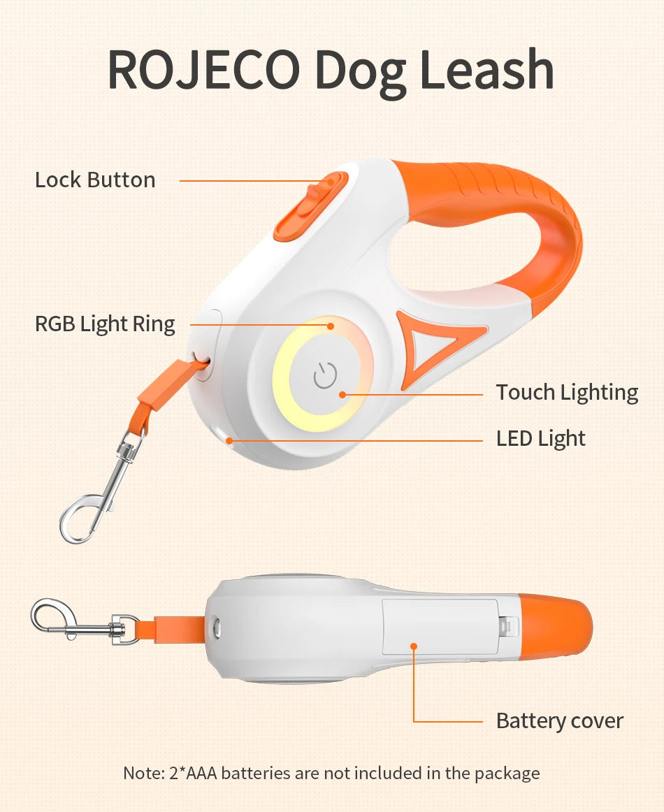 ROJECO 3M Retractable Dog Leash Roulette with LED Light Luminous Pets Leash for Puppy Dogs Outdoor Walking Running Traction Rope